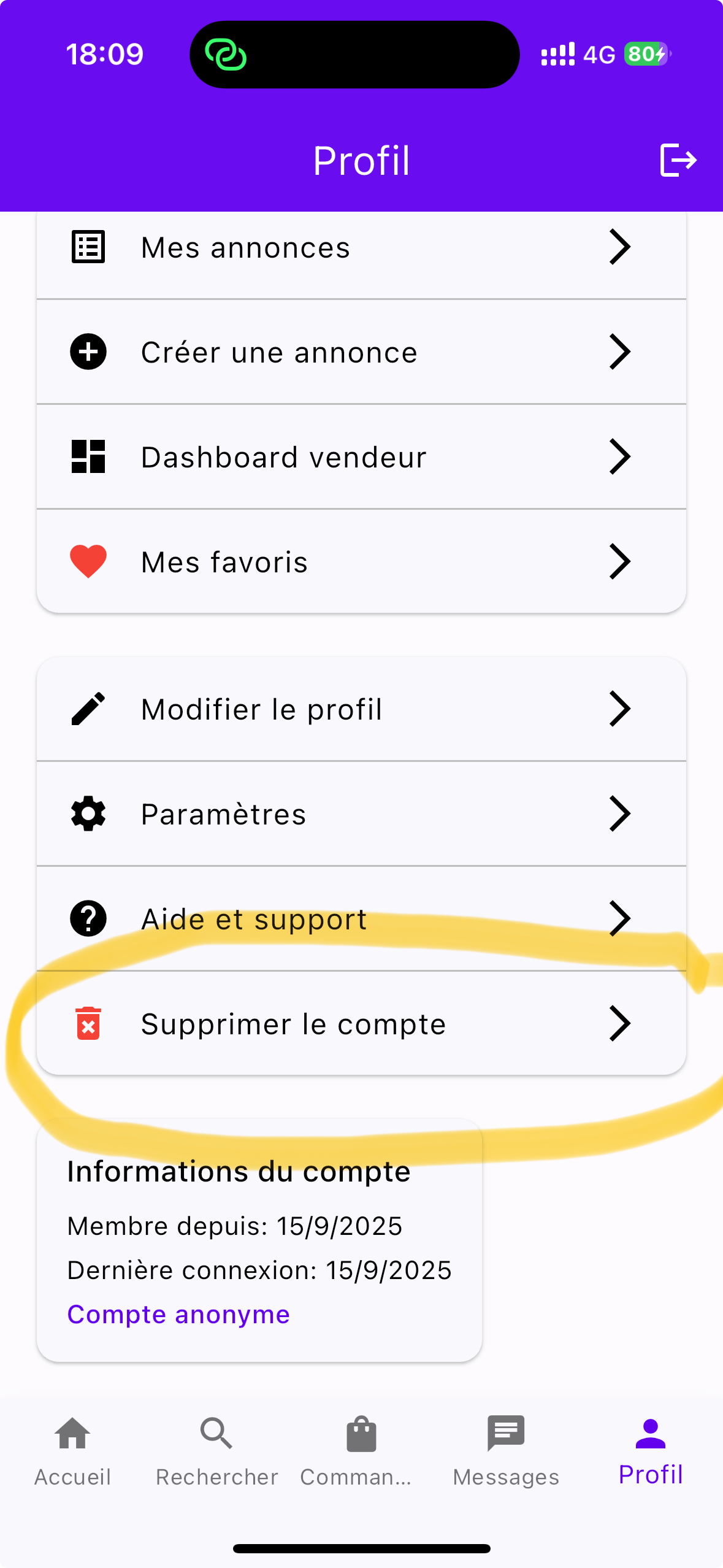 Bouton de suppression de compte