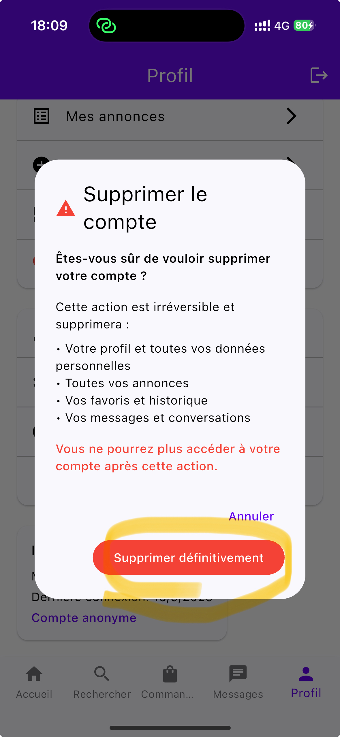 Première confirmation de suppression