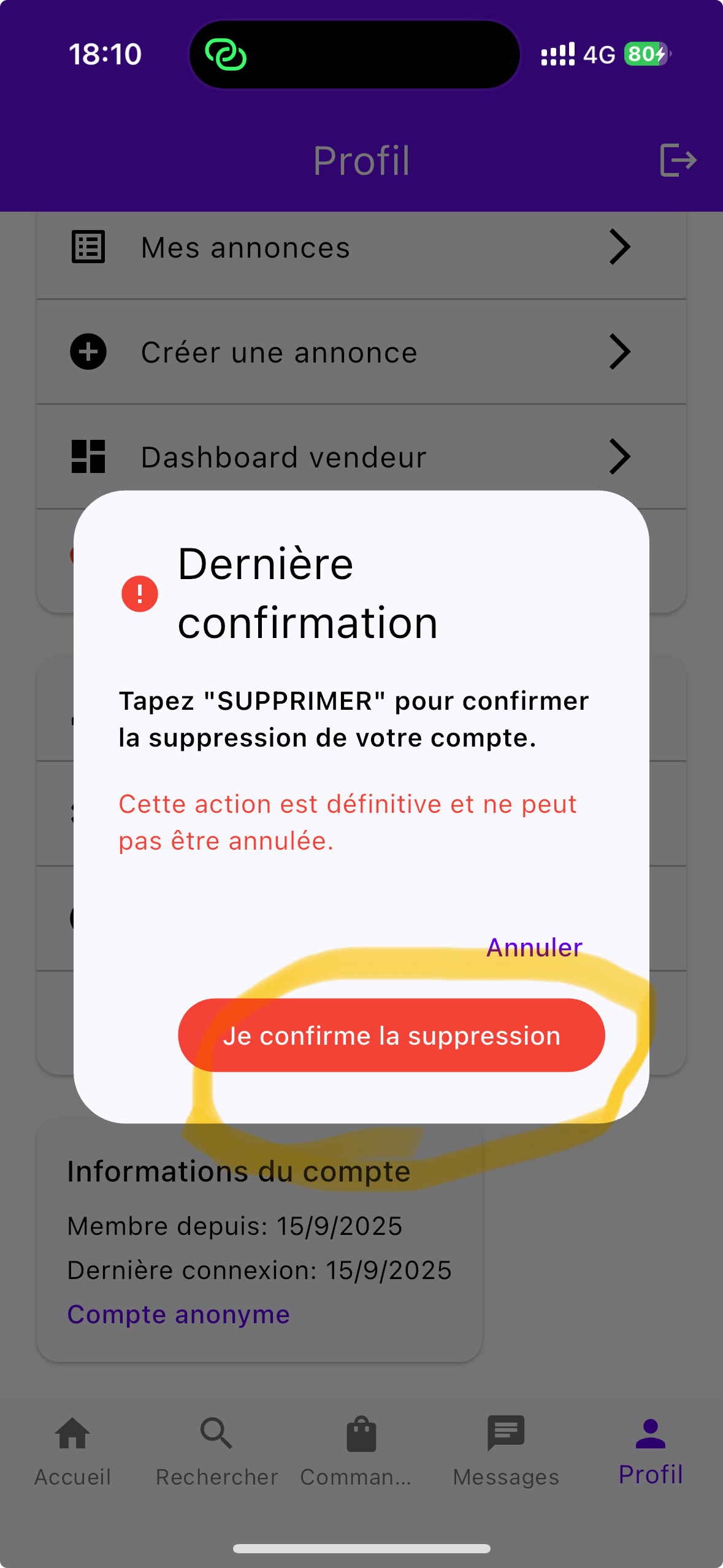 Deuxième confirmation de suppression